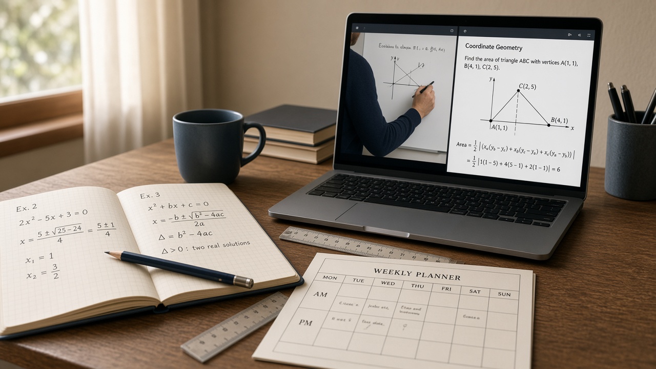 Adult hands writing in a notebook on a wooden desk beside a laptop showing a live online lesson.