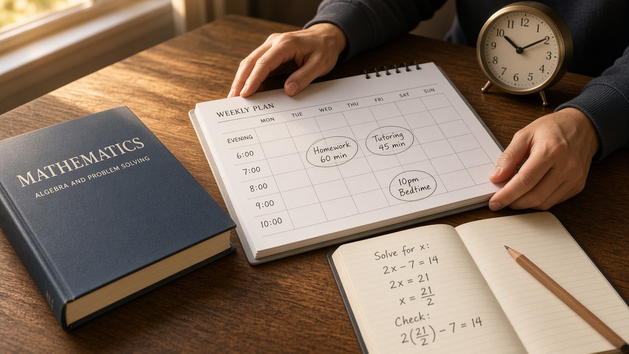 Adult hands reviewing a weekly planner on a wooden desk beside a homework notebook and a desk clock.
