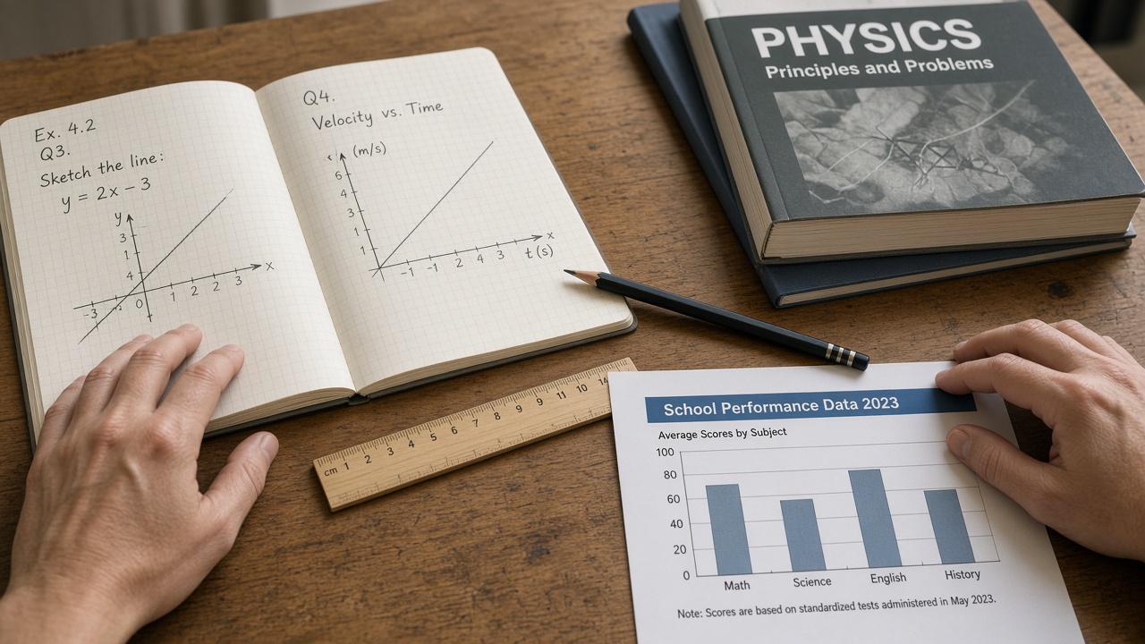 Adult hands writing in a mathematics notebook on a wooden desk beside a science textbook.