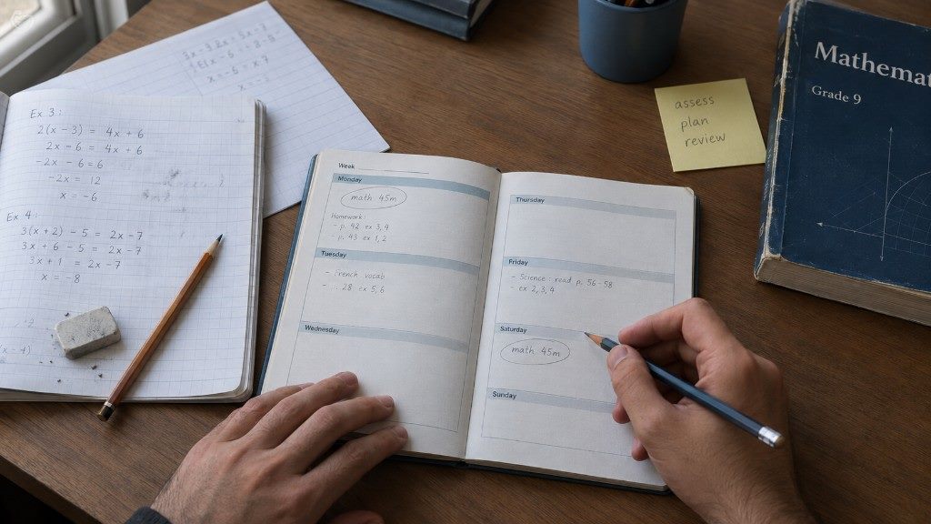 Mains d’adulte notant une séance de maths de 45 minutes dans un agenda hebdomadaire, à côté d’un manuel de 9e.