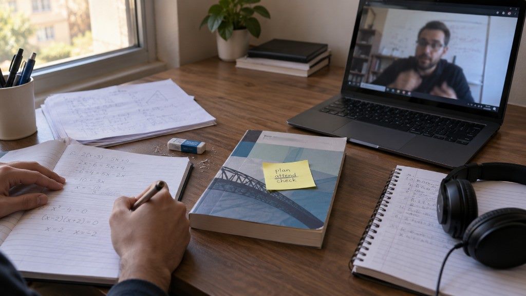Mains écrivant de l’algèbre dans un cahier, à côté d’un ordinateur portable en visioconférence avec un tuteur.